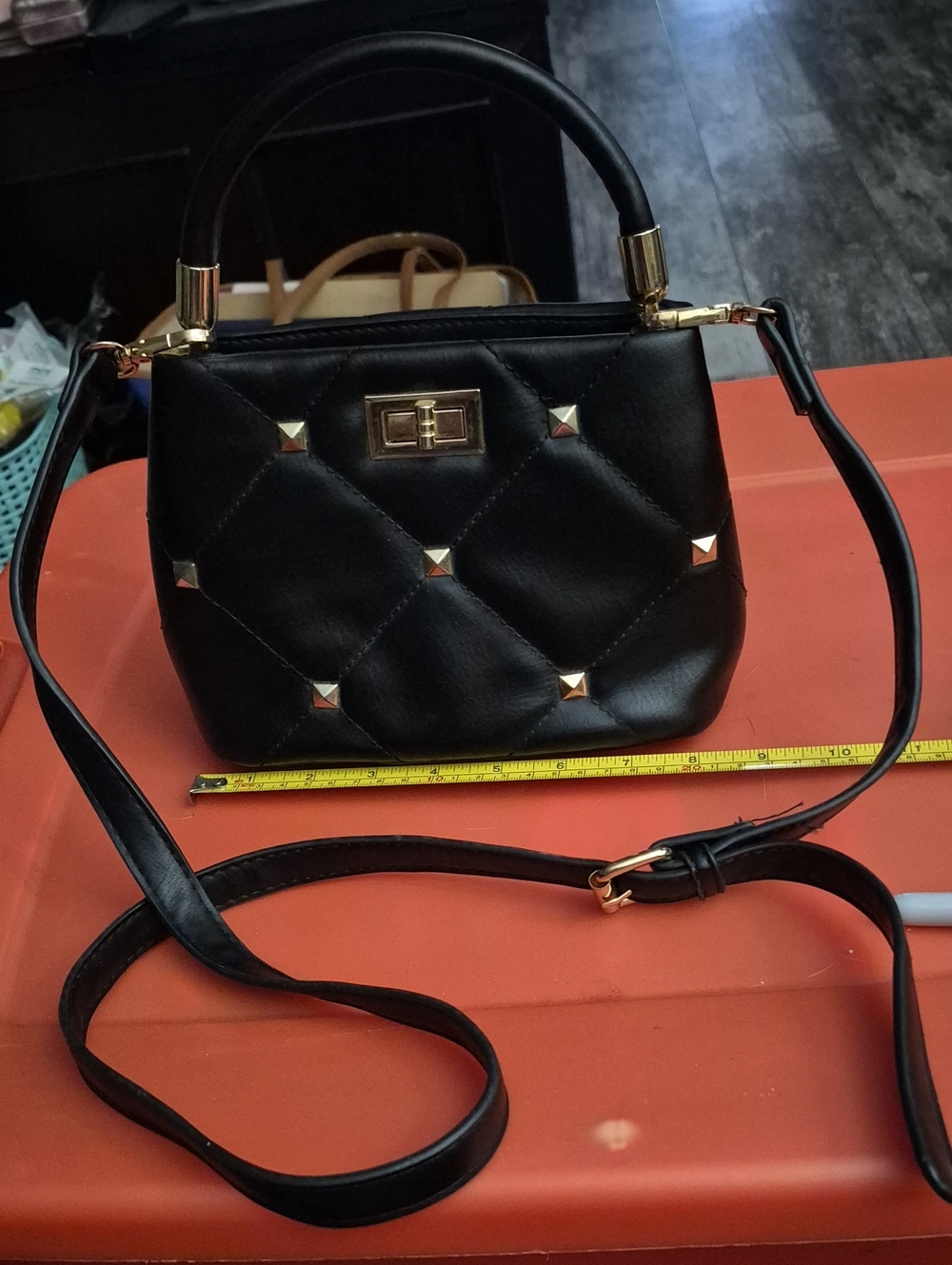 Black Quilted Top-Handle Crossbody Bag with Gold Stud Accents